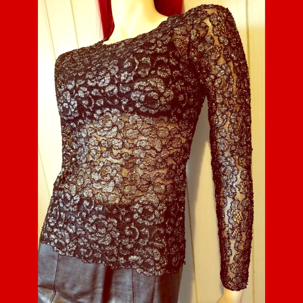 VTG 90s Sheer Black Shimmery Lace Bodycon Goth Top